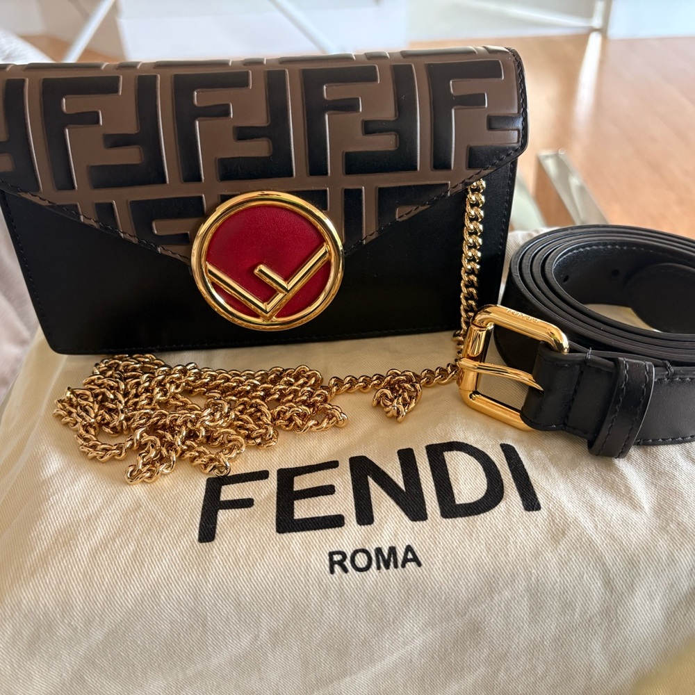 Fendi Black and Brown Clutch with Red Accent